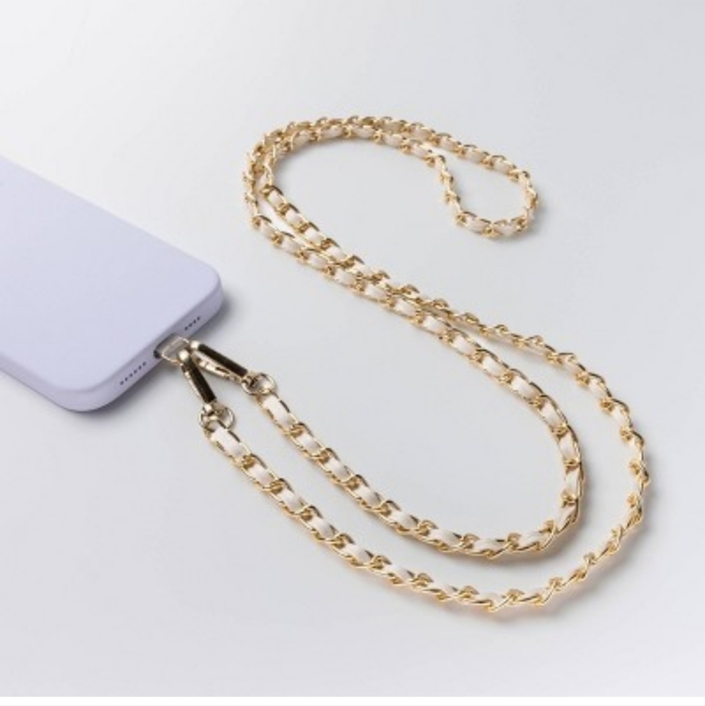 Gold Color Chain Faux Leather Crossbody Phone Strap